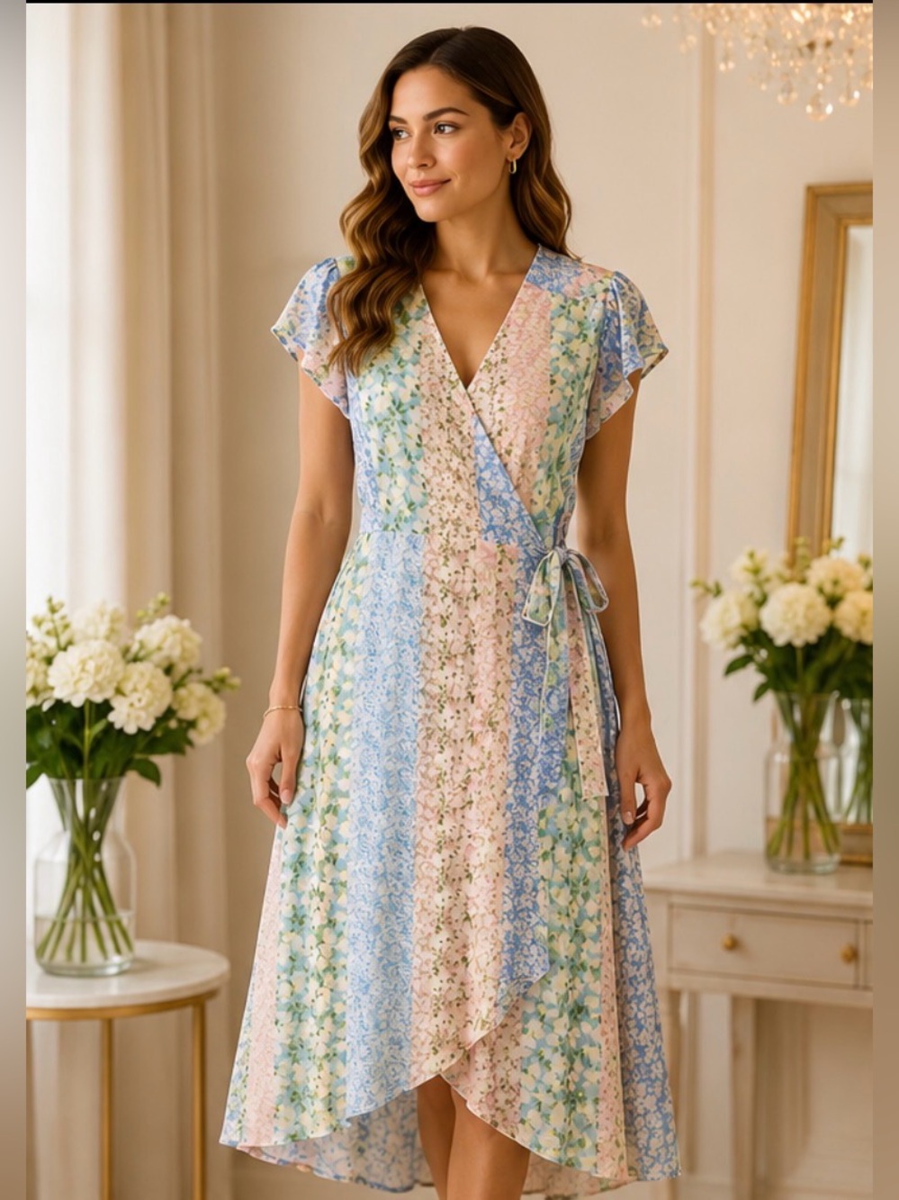 Vince Camuto Pastel Floral Wrap Dress in Light Blue & Pink